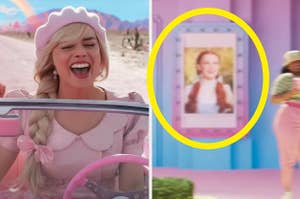 Margot Robbie and a poster of Dorothy from The Wizard of Oz in Barbie