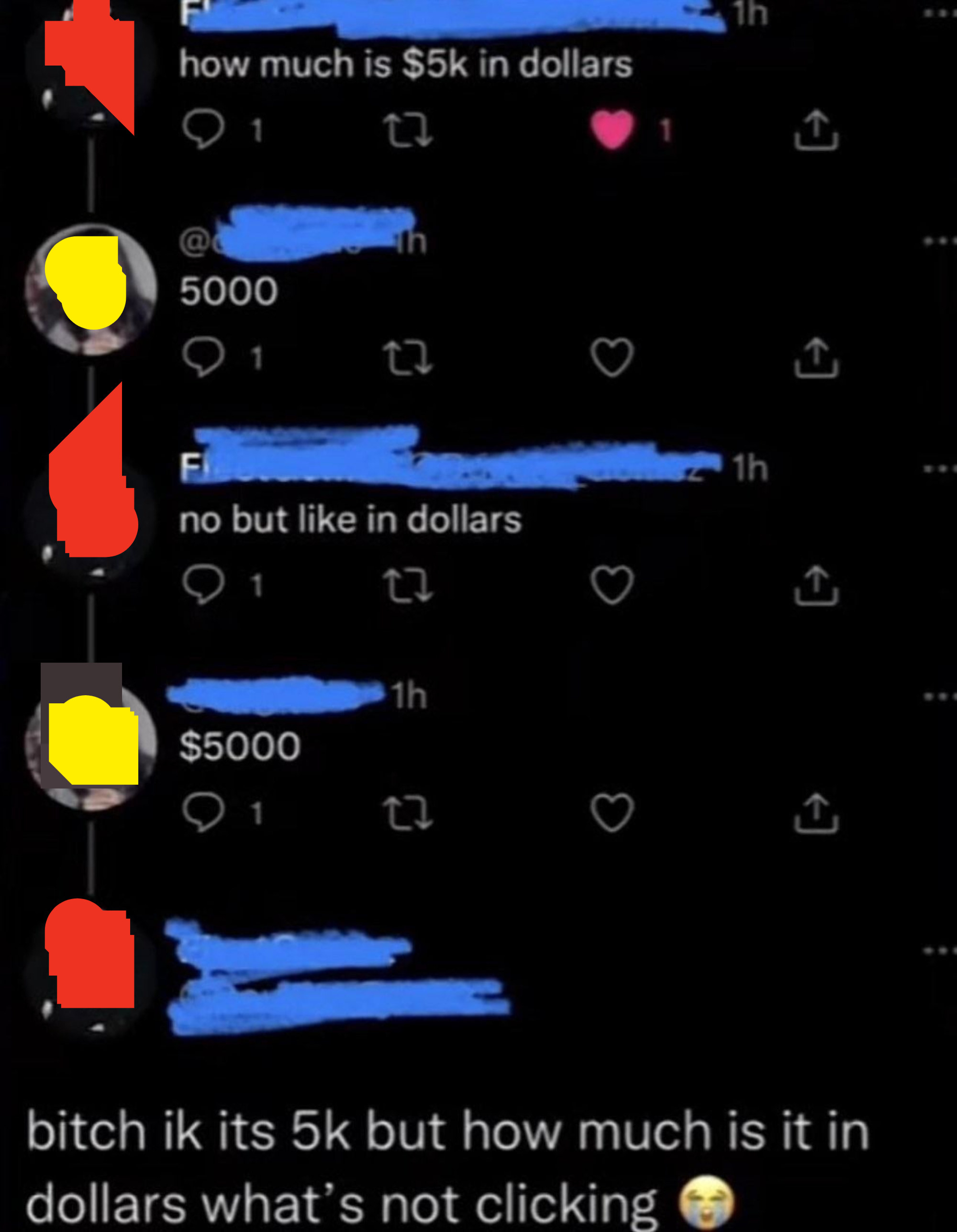 person who can&#x27;t understand what 5k is in dollar amounts