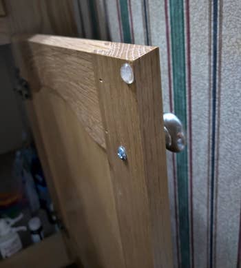 Reviewer's open cabinet door with the bumper on the edge of the cabinet door