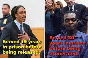 On the left is Sheldon Thomas speaking to the courts and on the right is Henry McCollum in disbelief after being exonerated
