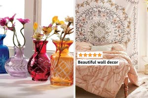 on left: red, orange, blue, and purple glass vases with flowers. on right: floral green and pink tapestry above bed with light pink sheets