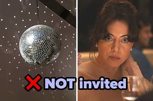 a disco ball next to aubrey plaza in the white lotus. she has wide eyes as if surprised and annoyed.