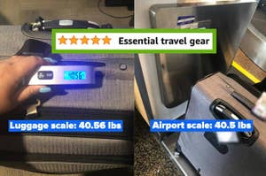 on left: reviewer weighing gray suitcase with luggage scale that says "40.56 lbs". on right: same suitcase on airport scale that reads "40.5 lbs"