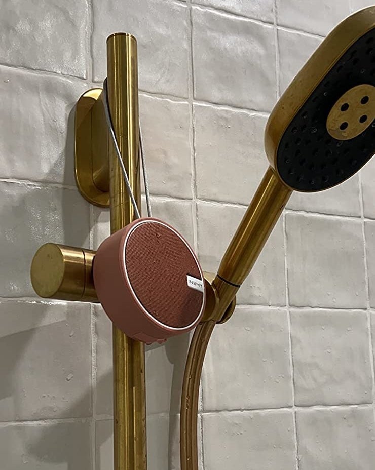 A reviewer&#x27;s pink speaker hung from their shower head