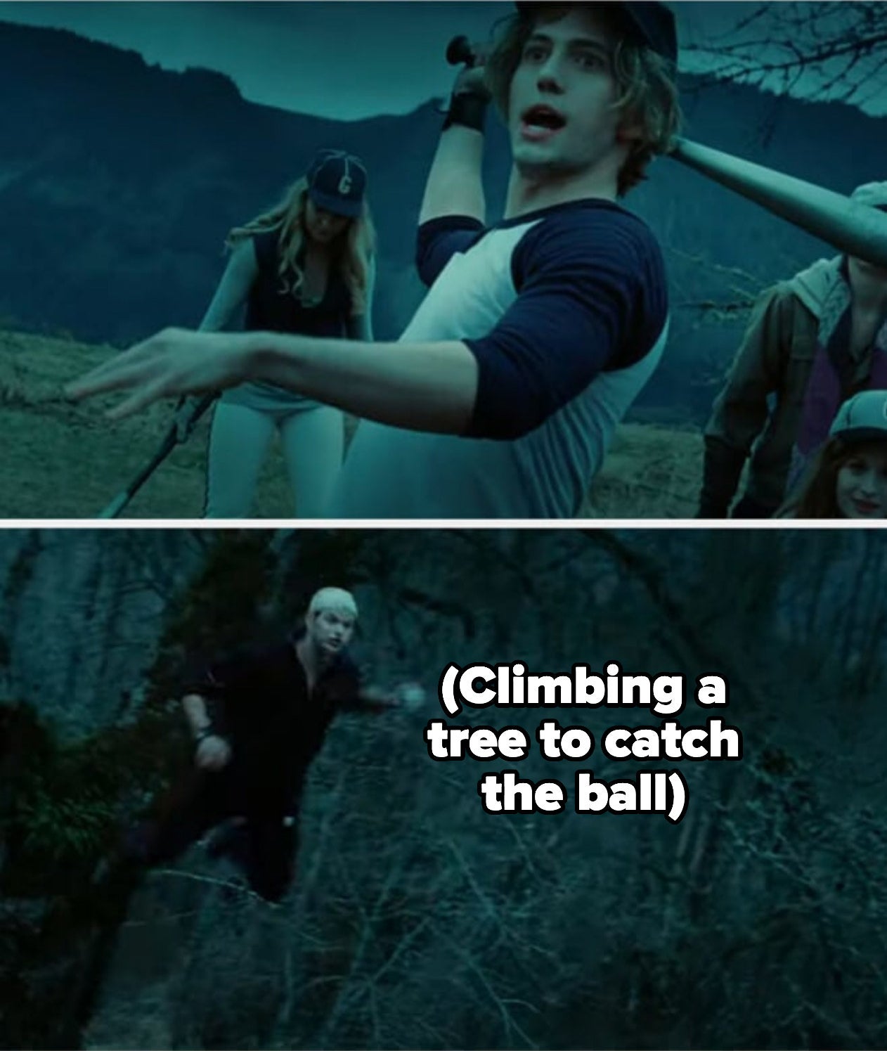 the family dramatically playing in the field