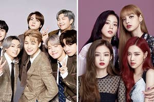 There are two pictures, BTS is on the left and BLACKPINK is on the right.