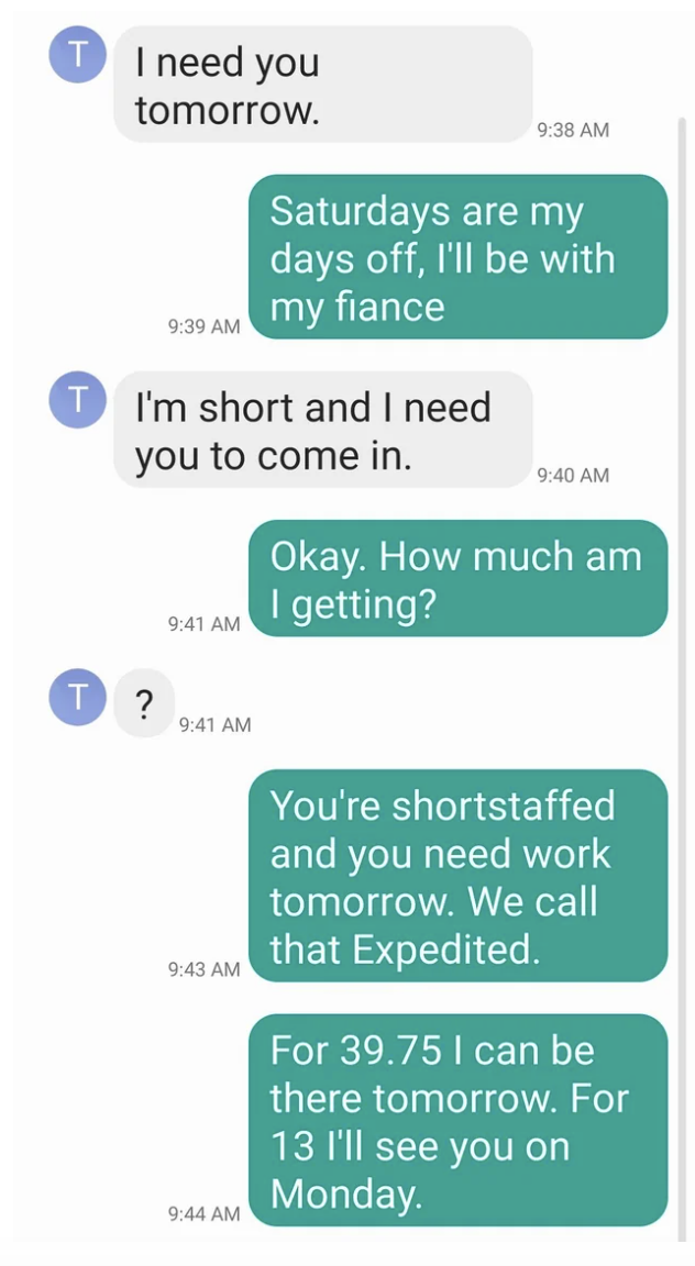 Screenshot of a text exchange