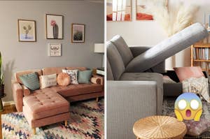 left: reviewer photo, pink velvet couch. right: lift-top gray chaise with surprised emoji