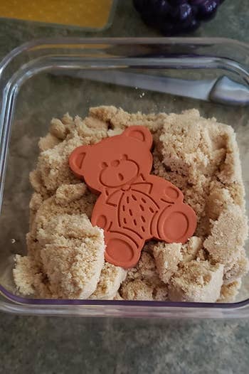 Reviewer's brown sugar bear in a container of brown sugar