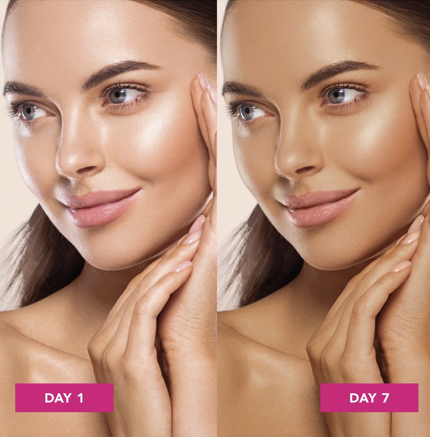 A before and after image of a person using self-tanner