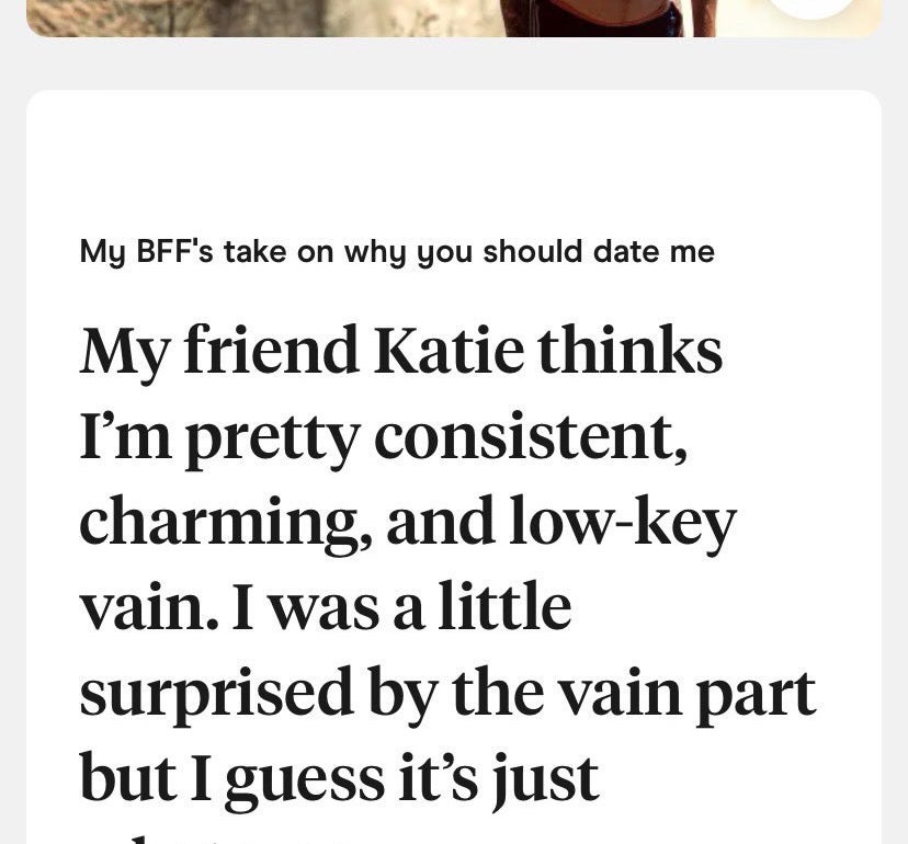This section reads &quot;My friend Katie thinks I'm pretty consistent, charming, and low-key vain. I was a little surprised by the vain part, but I guess it's just whatever&quot;