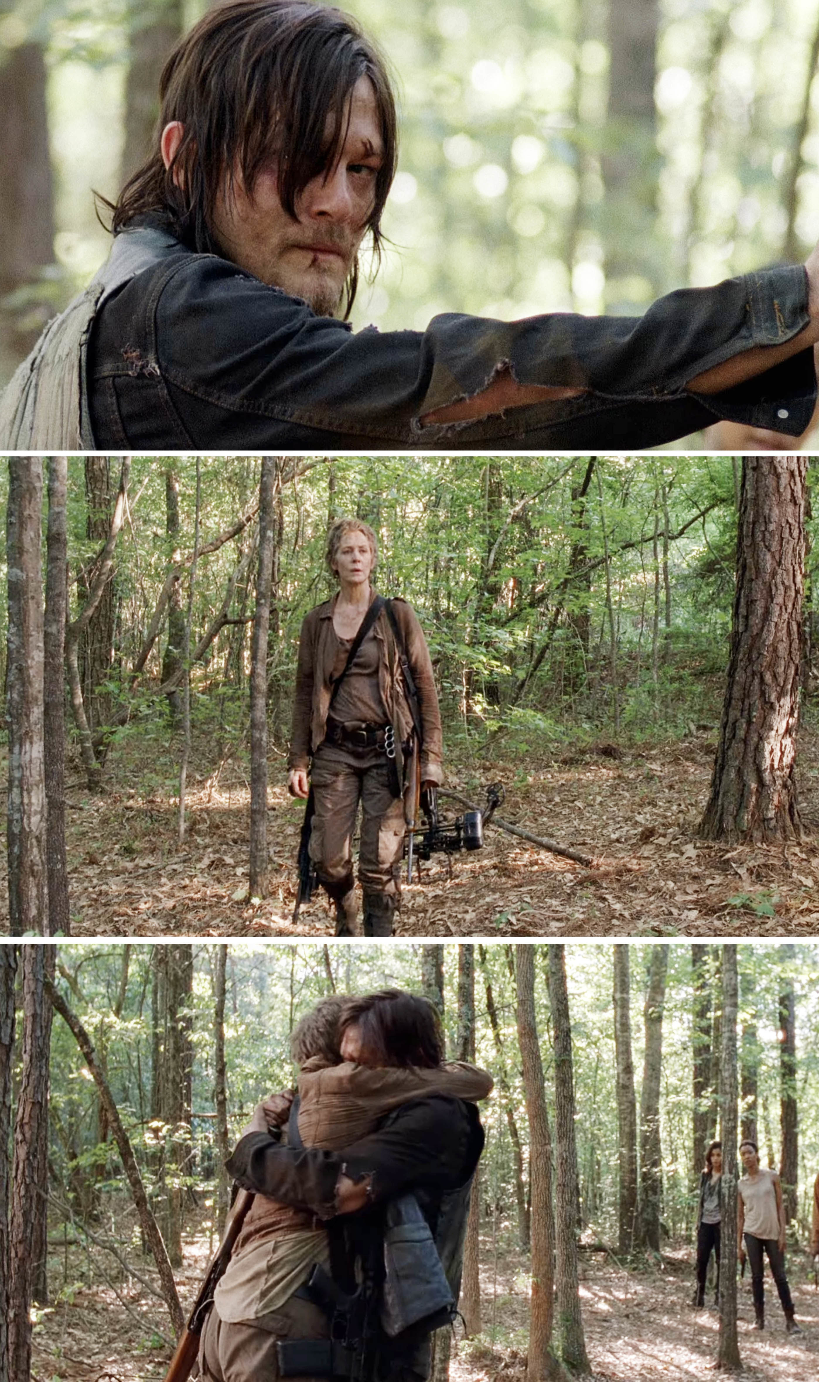 Daryl and Carol embracing in the forest