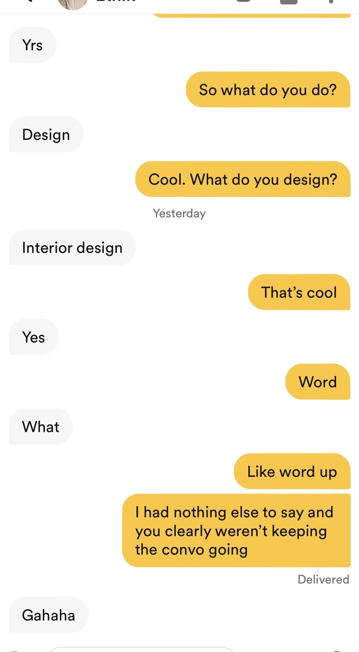 A text conversation where one side is asking ice-breaker questions and the other side is giving one-word answers and not asking anything in return