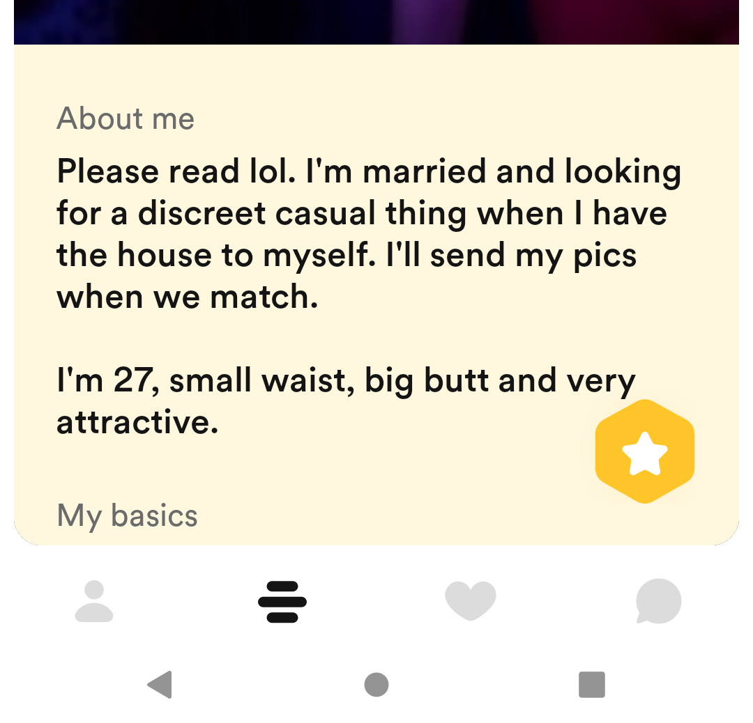 This about me section says "I'm married and looking for a discreet casual thing when I have the house to myself"