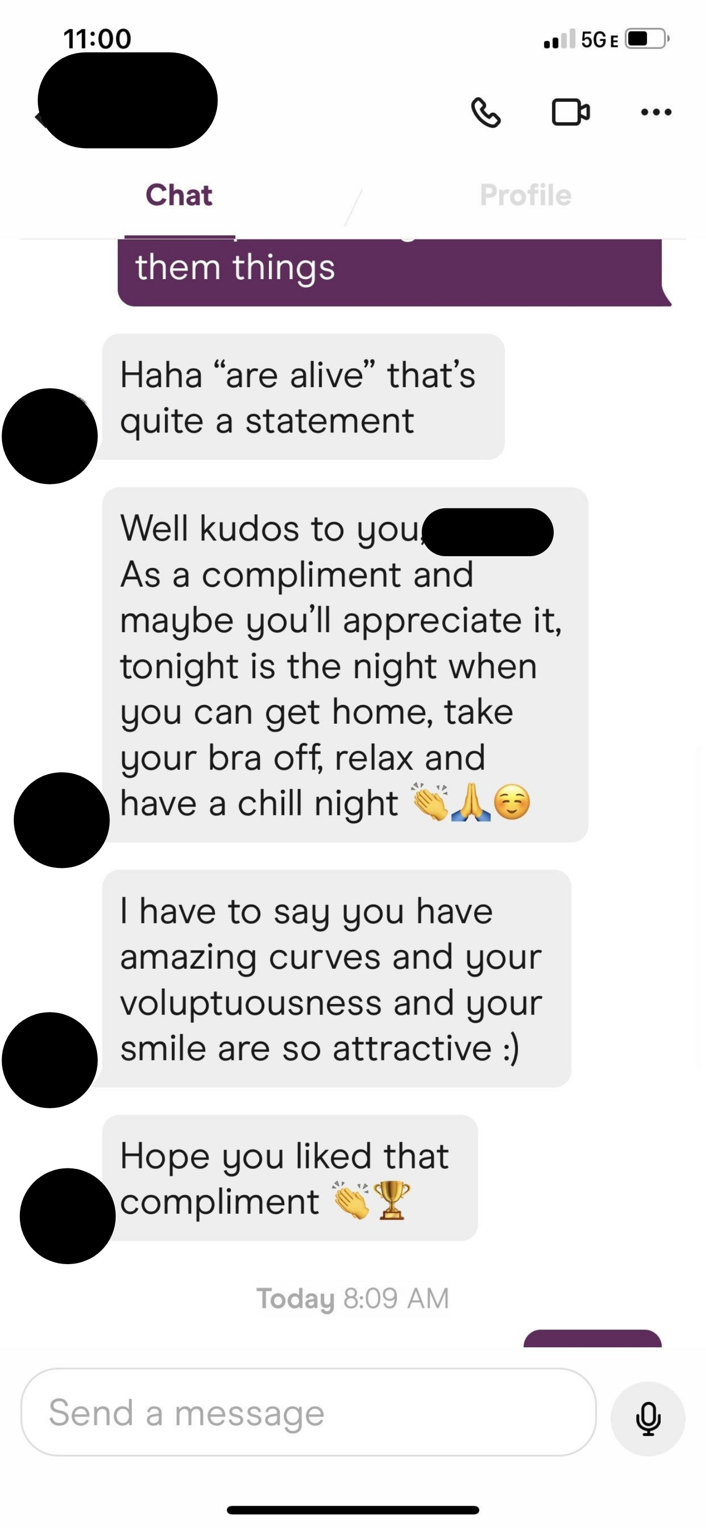 A man tells a woman she can get home, take her bra off, and relax, then says "I have to say you have amazing curves and your voluptuousness and smile are so attractive, I hope you liked that compliment"