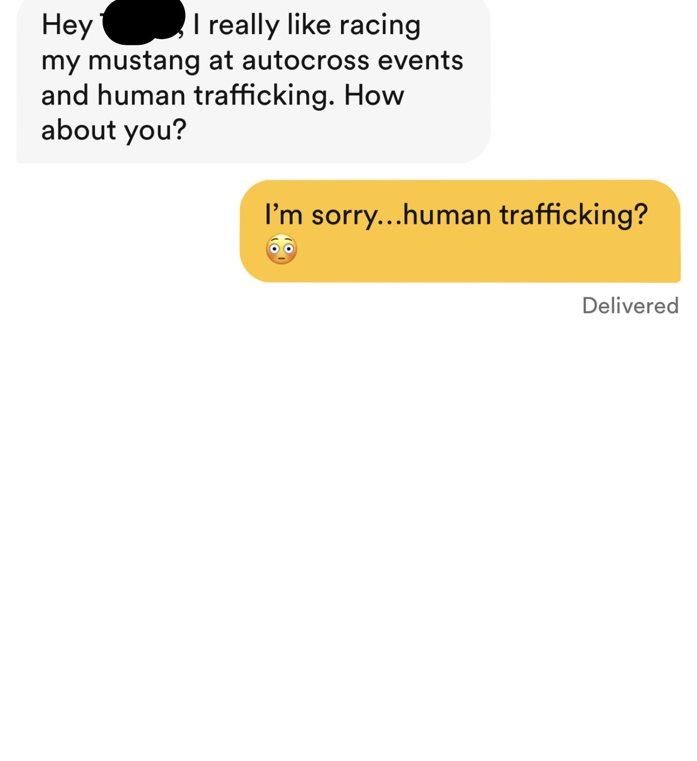 A woman asks her match's favorite way to spend time away from work, and the man responds &quot;I really like racing my Mustang at autocross events and human trafficking&quot;
