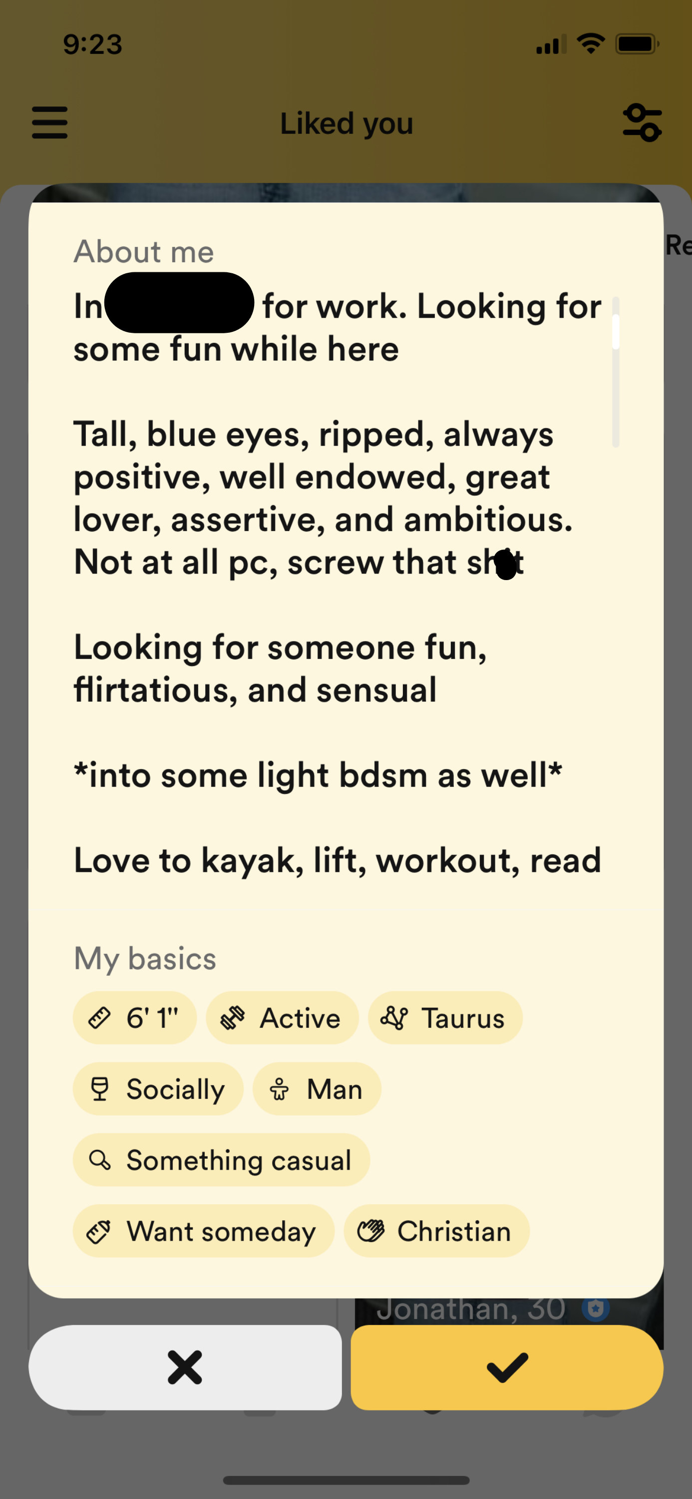 An about me section describes this guy as "ripped, well-endowed, great lover," says he's "looking for casual fun" but he's "not at all PC, screw that crap"