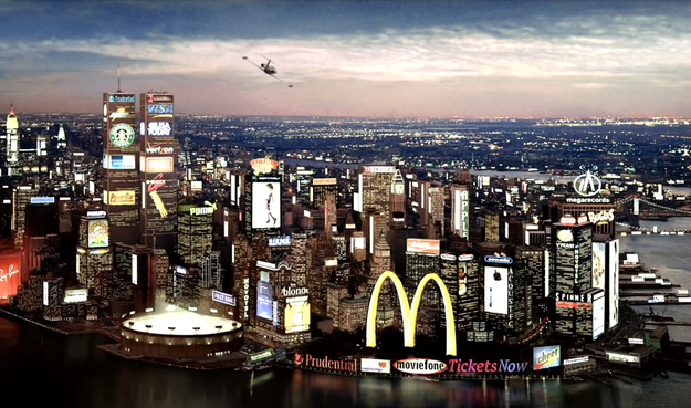 CGI-created scene of New York City from the movie with McDonald&#x27;s golden arches