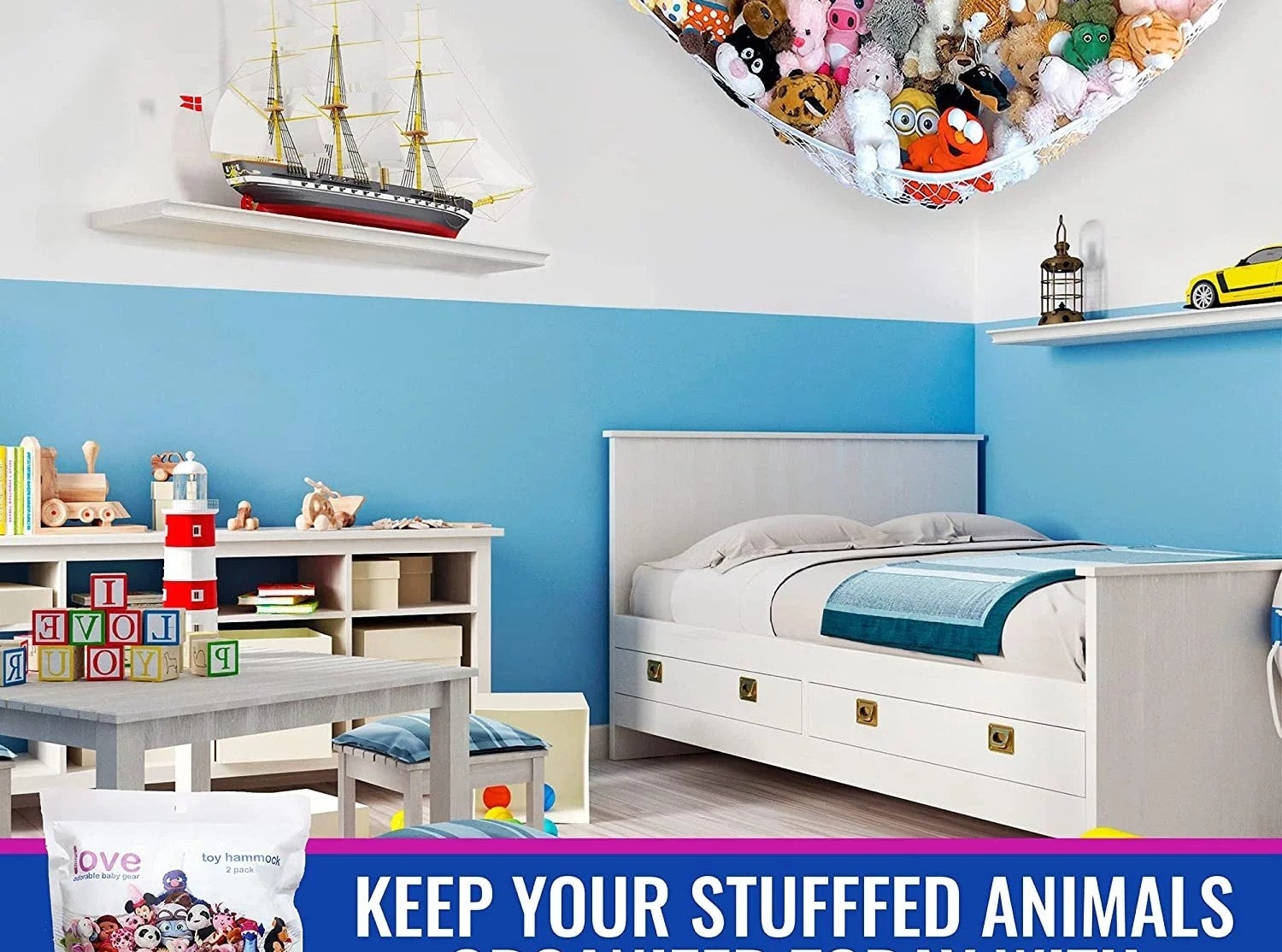 Stuffed animals are stored in a hammock in a room