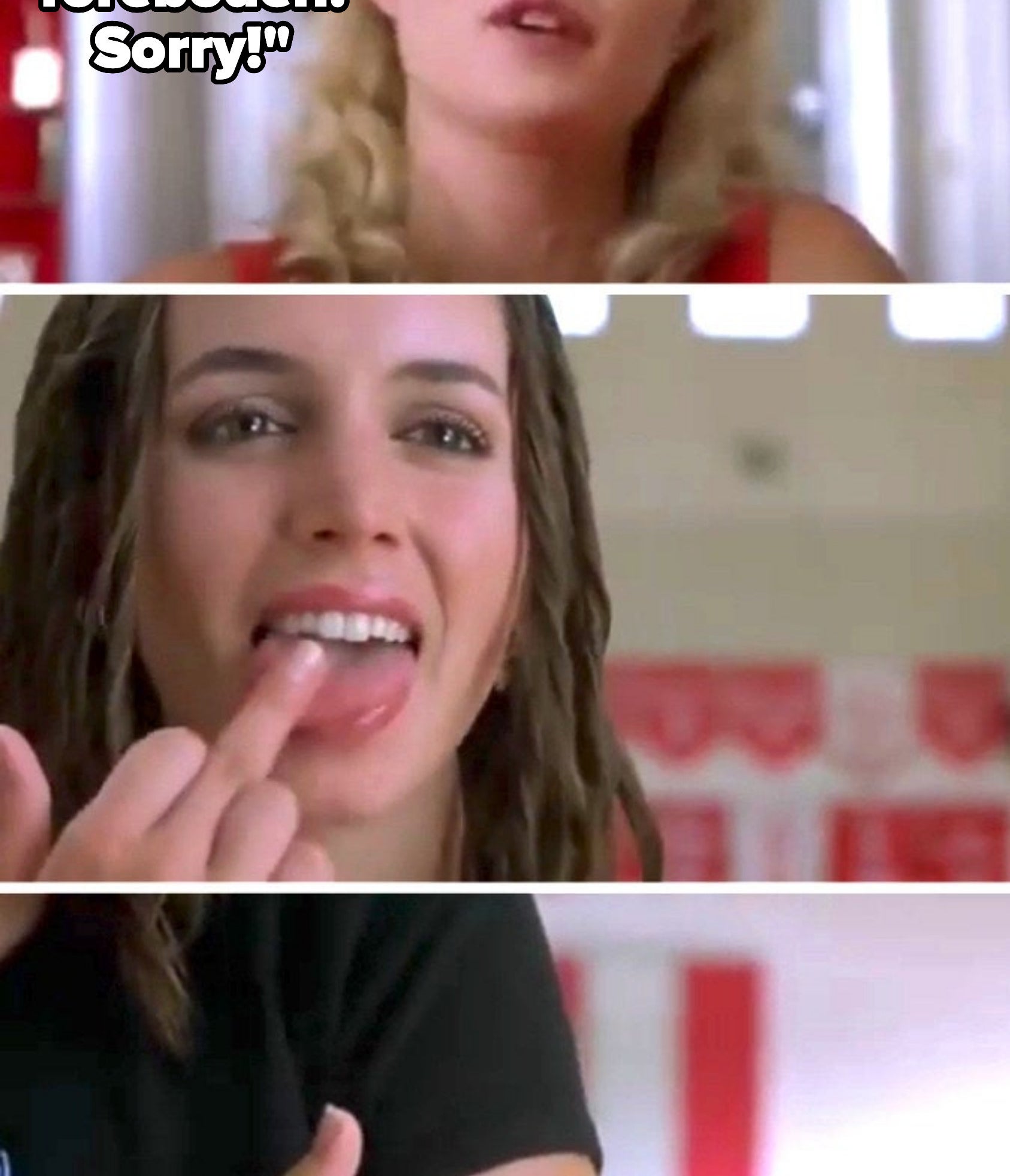 Missy removing the tattoo by licking her middle finger and smearing it