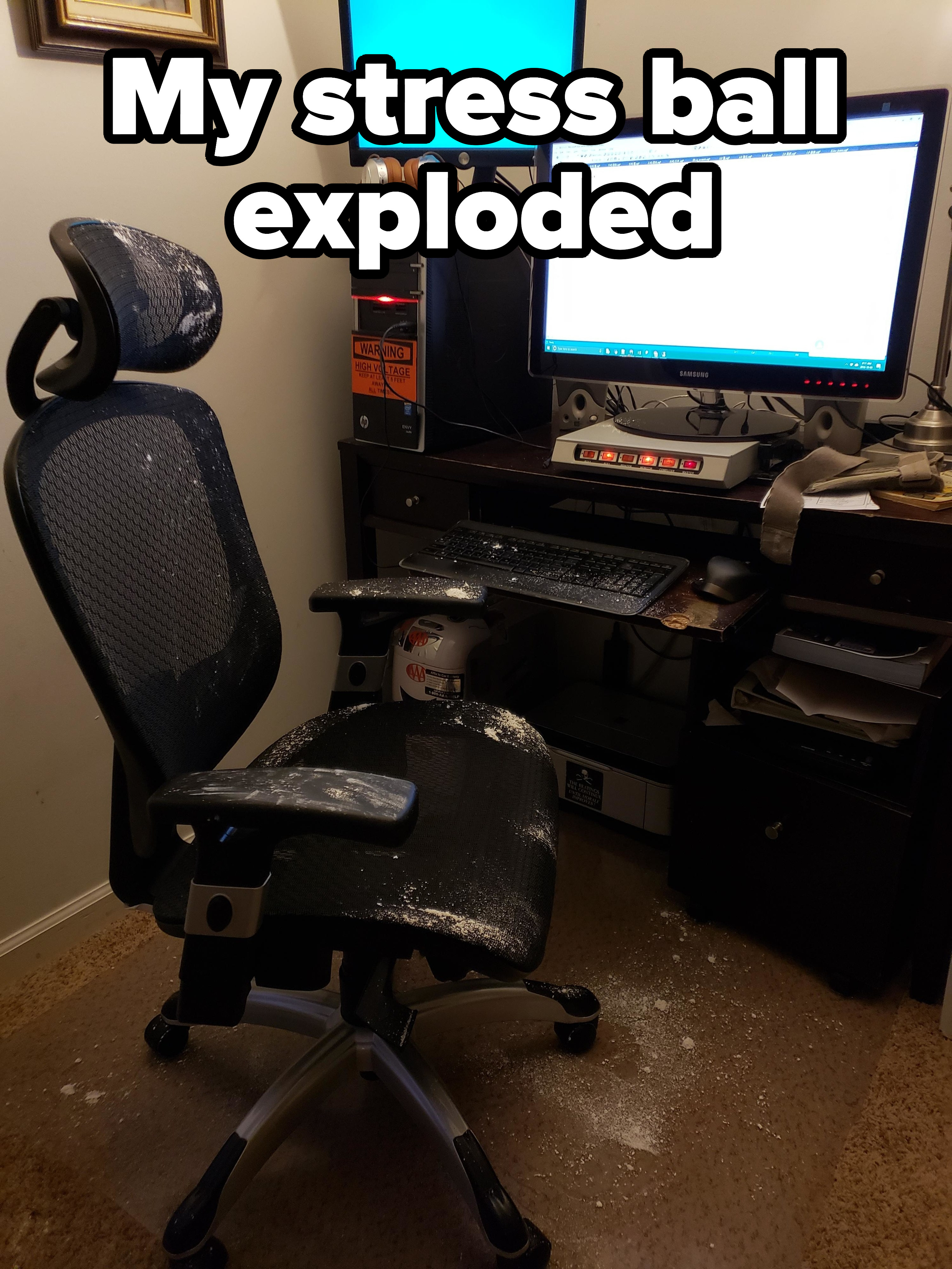 Powder all over a desk and chair