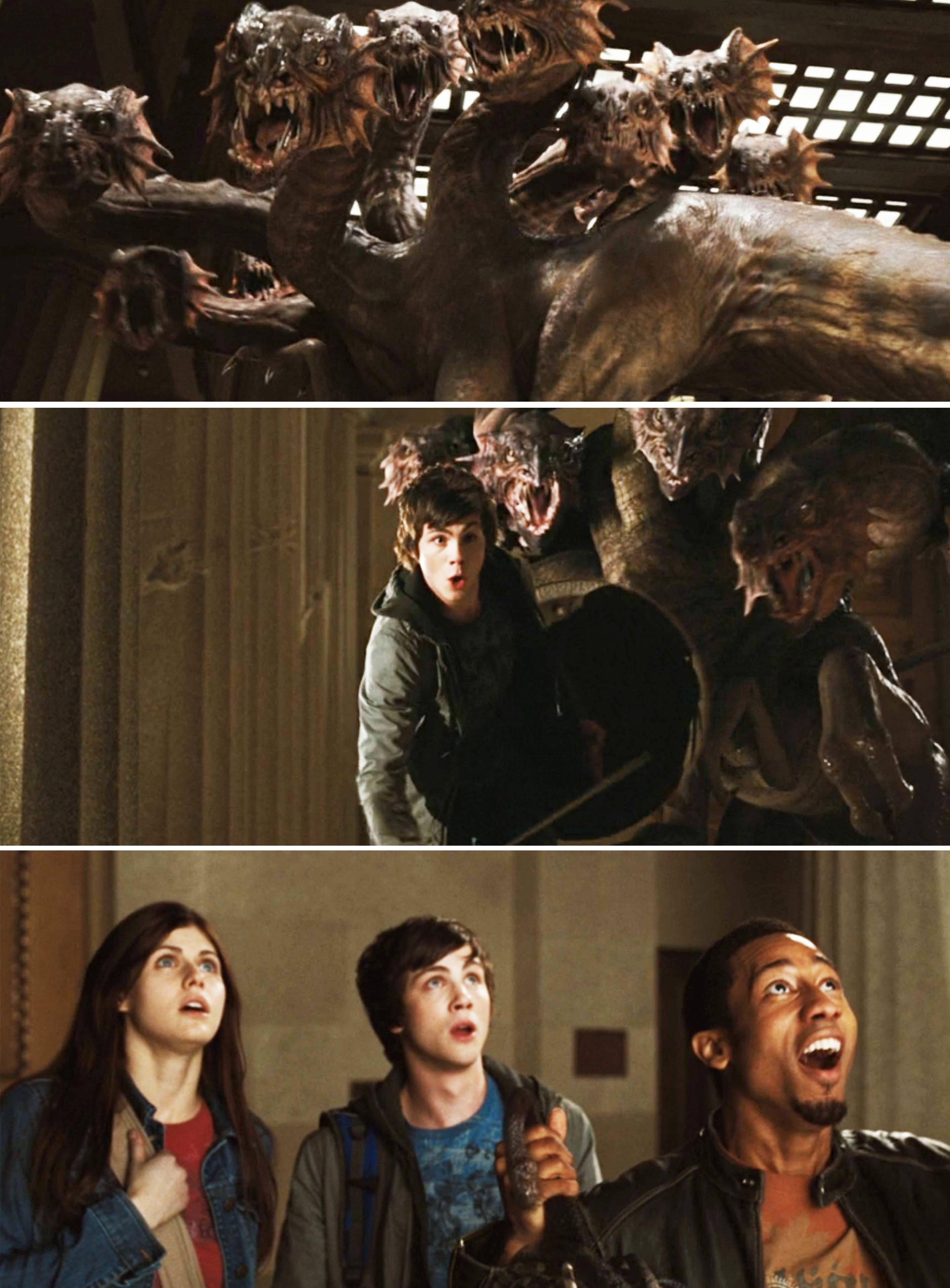 Percy, Annabeth, and Grover looking up and looking stunned