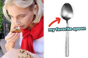 On the left, Emma Chamberlain holding a chocolate chip cookie up to her nose, and on the right, a spoon with an arrow pointing to it and my favorite spoon typed under it