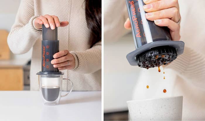 A person using the aeropress in their kitchen