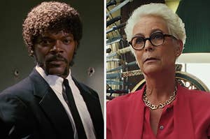 On the left, Samuel L Jackson as Jules in Pulp Fiction, and on the right, Jamie Lee Curtis as Linda in Knives Out