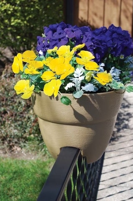 self watering railing planter with purple and yellow flowers connected to a rail