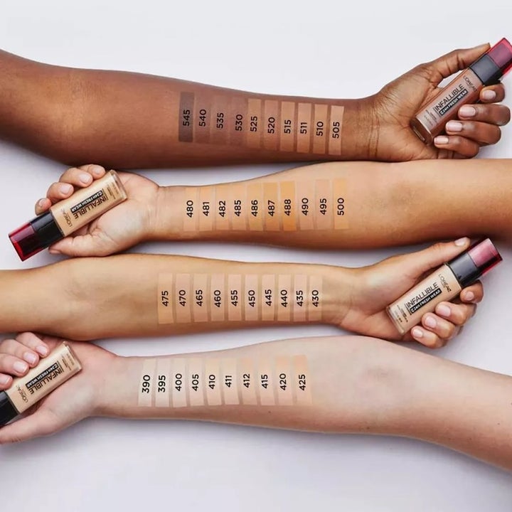 The foundation swatches on four skin colors