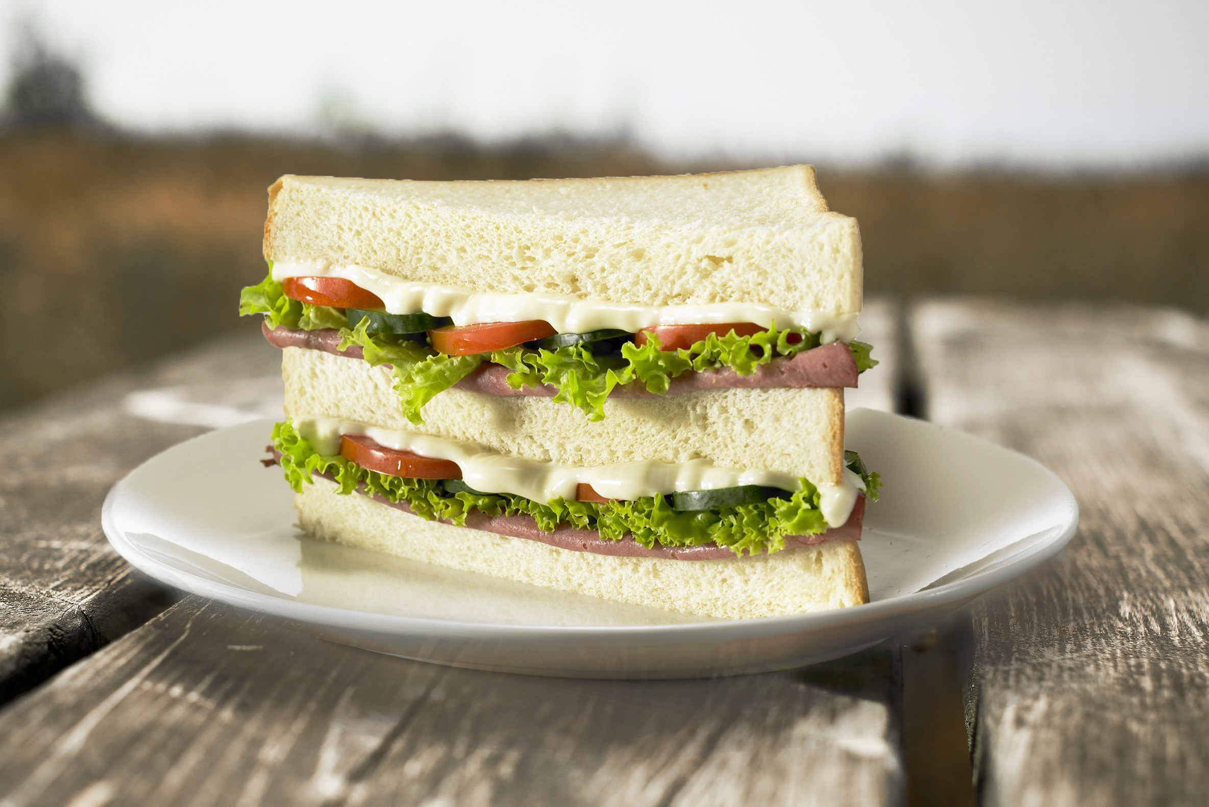 A small plate with a sandwich that has meat, lettuce, tomato and mayo sits on a wooden table