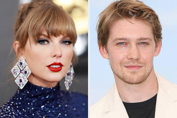 Taylor Swift looks to her right as she poses for a red carpet photo vs Joe Alwyn smiles for a photo