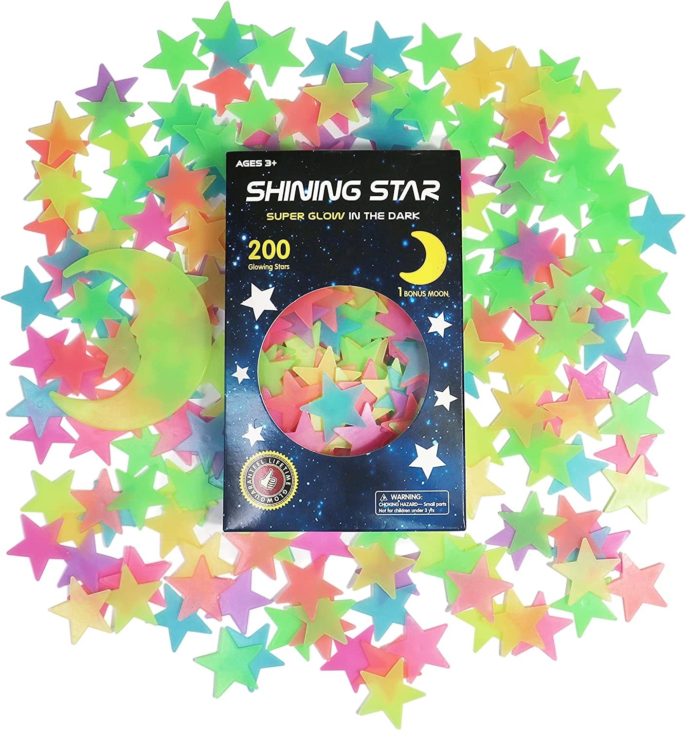 stars surrounding their package on a blank background