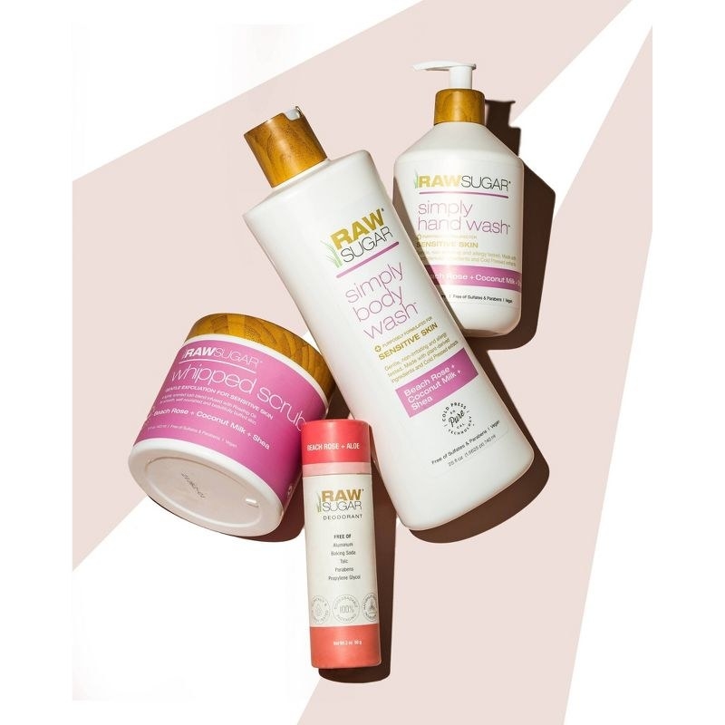 Raw Sugar Beach Rose A body scrub, body wash, hand wash, and deodorant