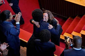 U.S. Vice President Kamala Harris hugs expelled Rep. Justin Pearson before an address at Fisk Memorial Chapel.
