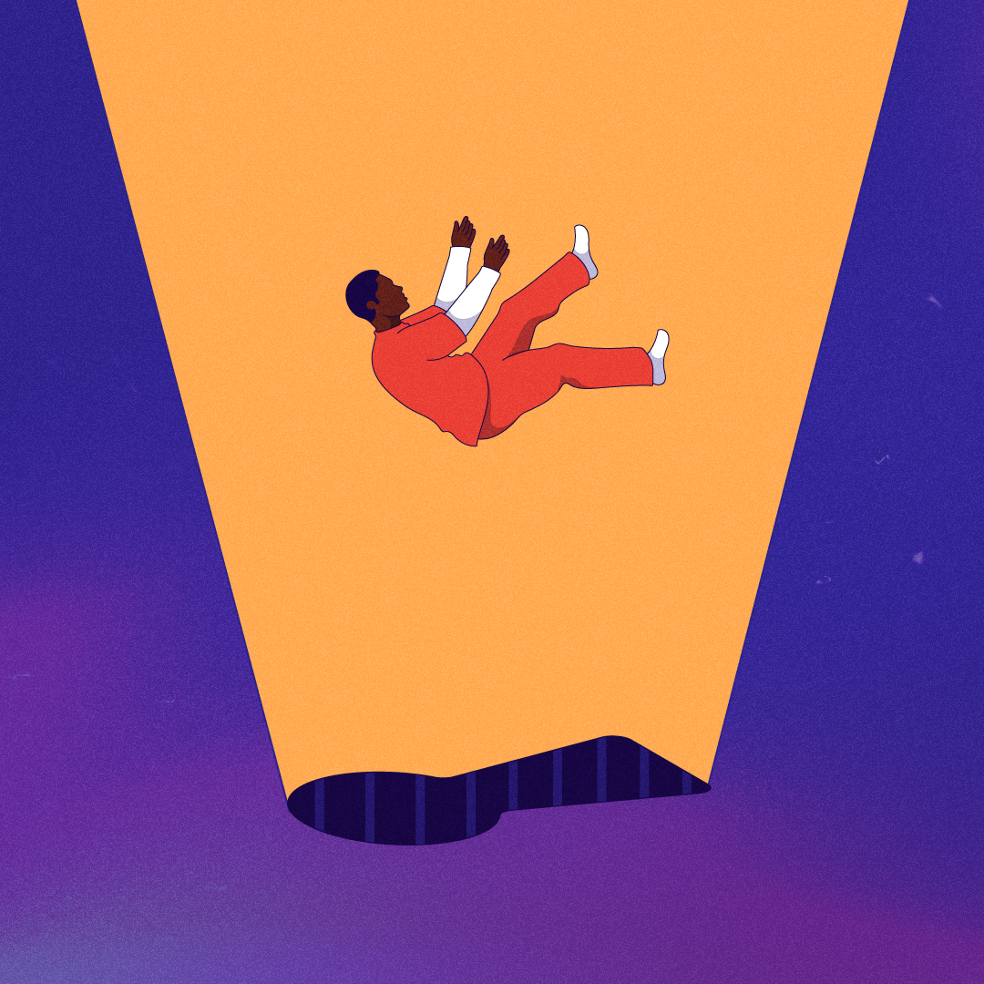 An illustration of a black man in a prison uniform falling into a keyhole