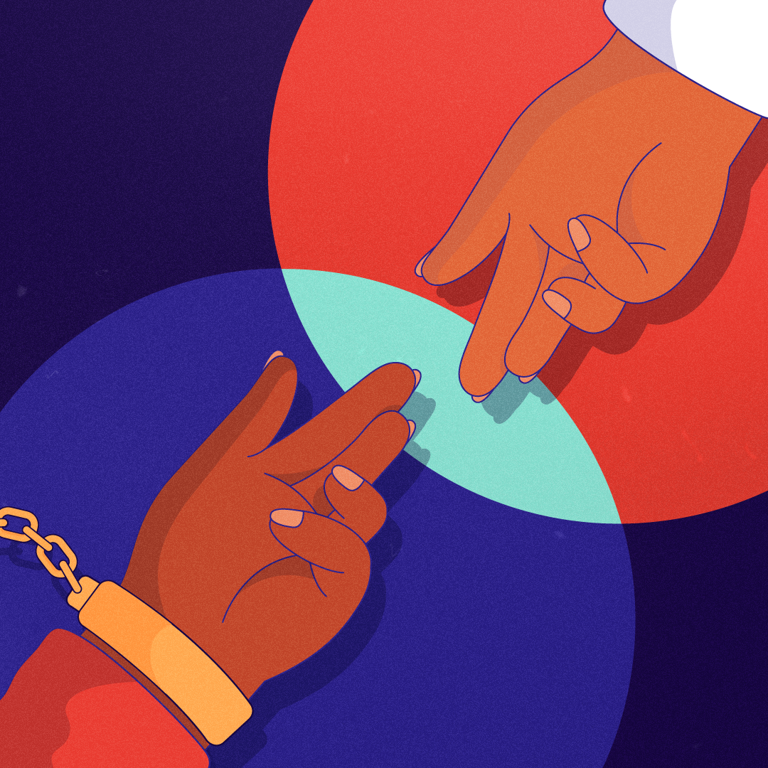 an illustration of a handcuffed hand reaching out to another hand