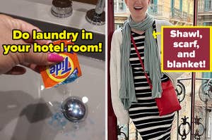L: hand dumping tide detergent in a sink with text on image "do laundry in your hotel room" R: reviewer wearing a blue-gray scarf that's also a shawl and blanket