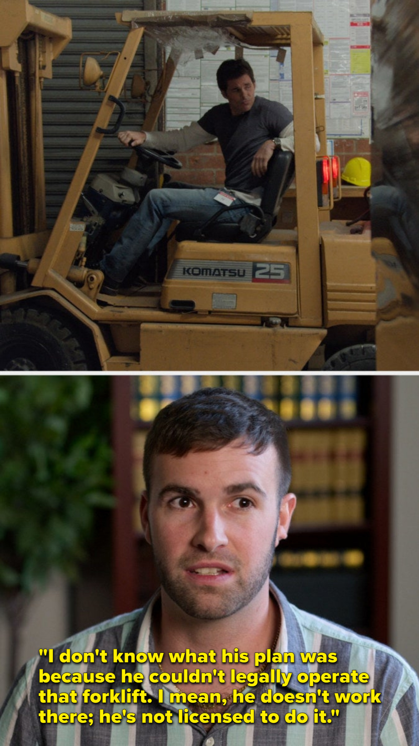 James Marsden, in character as Caleb, sits on a forklift