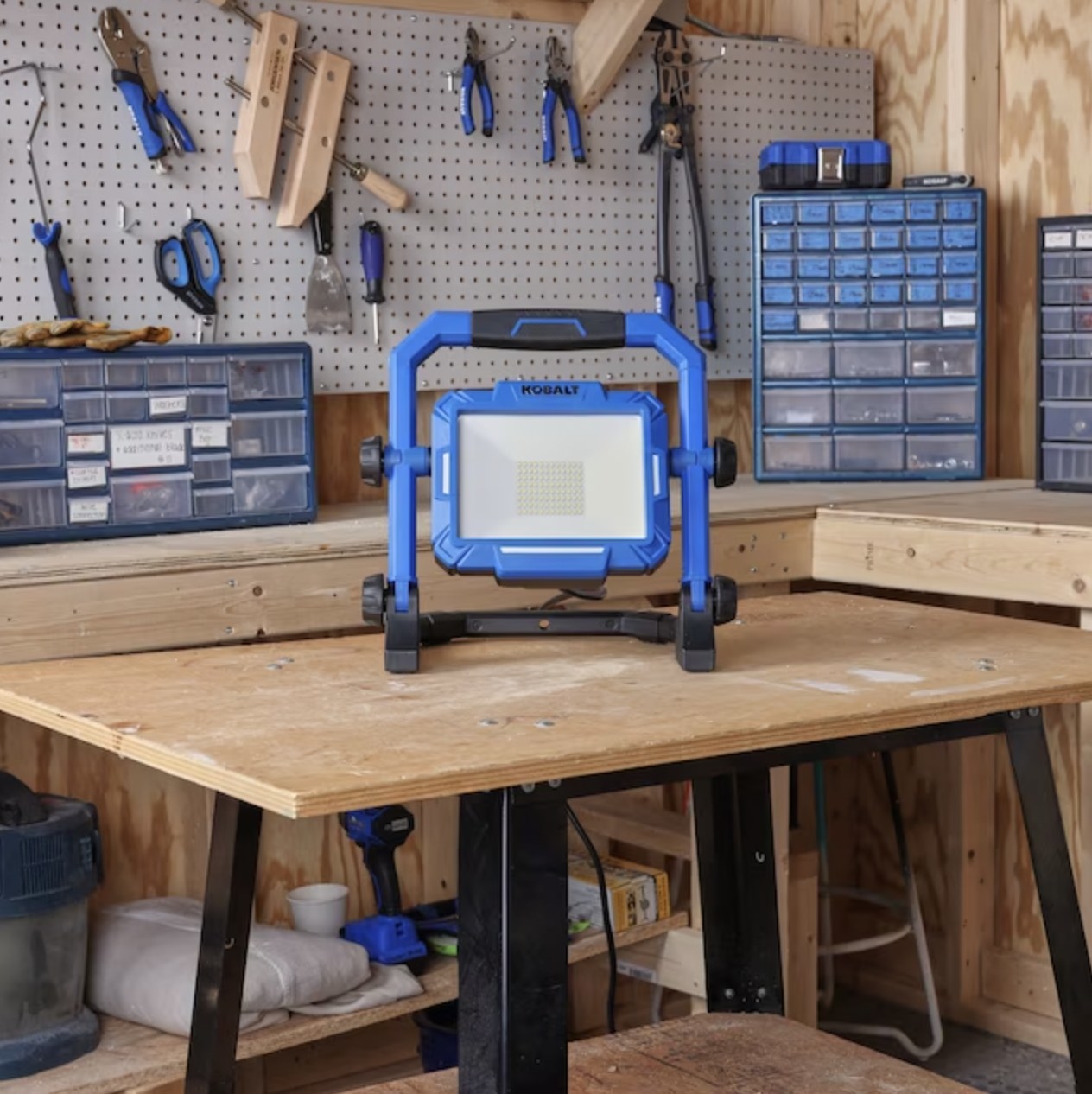 the blue worklight on workshop table