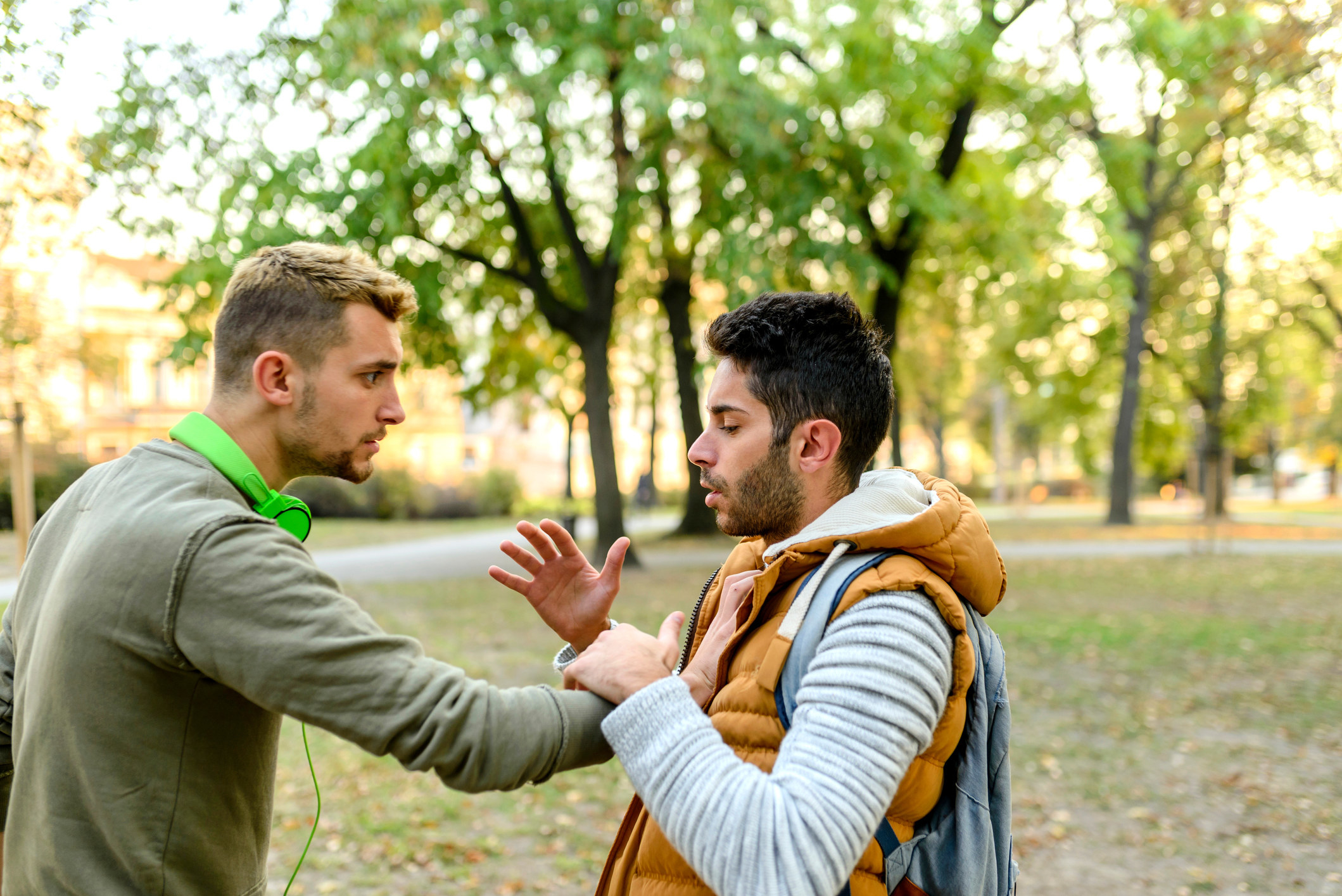 Man pressing his hand against another man&#x27;s chest in a park