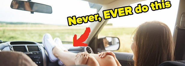 A woman with her feet up on a car dashboard with text that says "never ever do this"