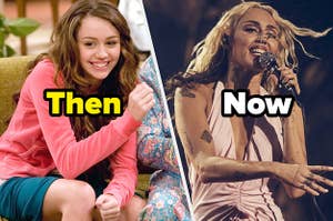 Miley Cyrus in Hannah Montana and performing on stage, text: Then Now