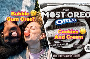 Girls blowing bubble gum and a cookies and cream Oreo package