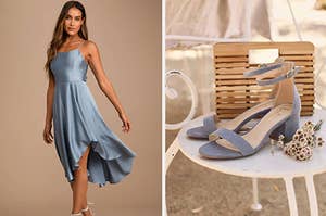 A model wearing a powder blue dress with matching shoes 