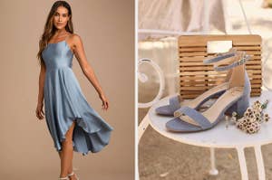 A model wearing a powder blue dress with matching shoes 