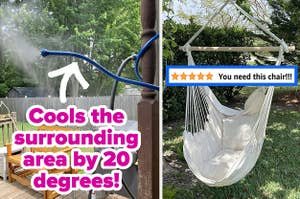 L: a reviewer photo of the mist hose wrapped around a pole and text reading "Cools the surrounding area by 20 degrees!", R: a reviewer photo of a hammock chair and a five-star review titled "You need this chair!!!"
