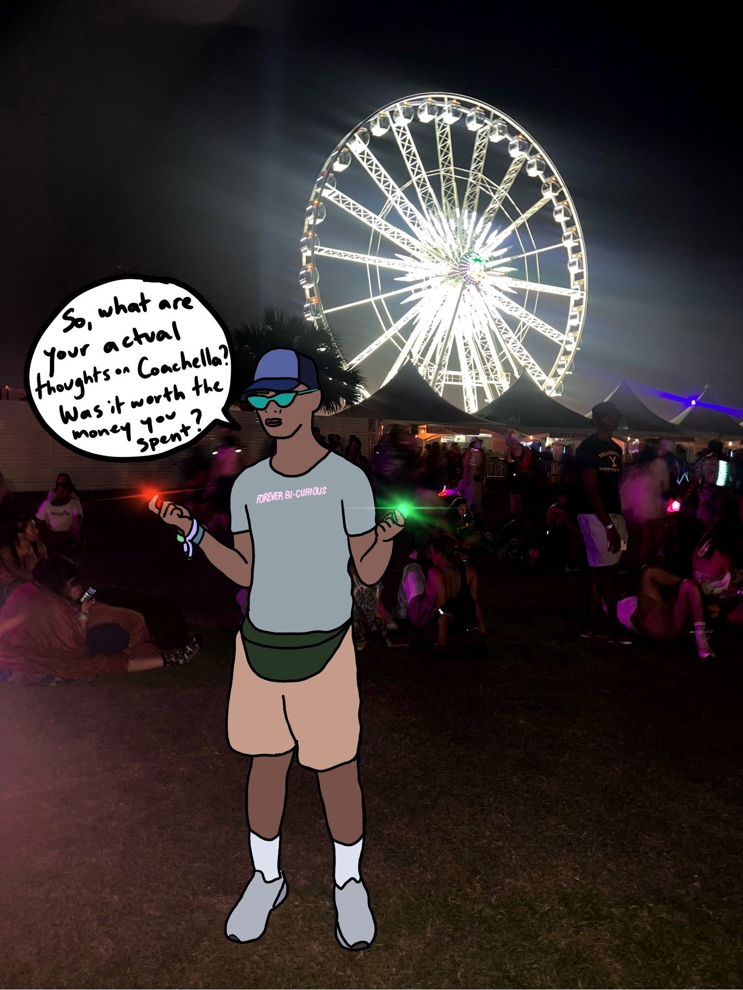 Pernell, the author, illustrated in front of the famous Coachella ferris wheel with a speech bubble saying &quot;So, what are your actual thoughts on Coachella? Was it worth the money you spent?&quot;