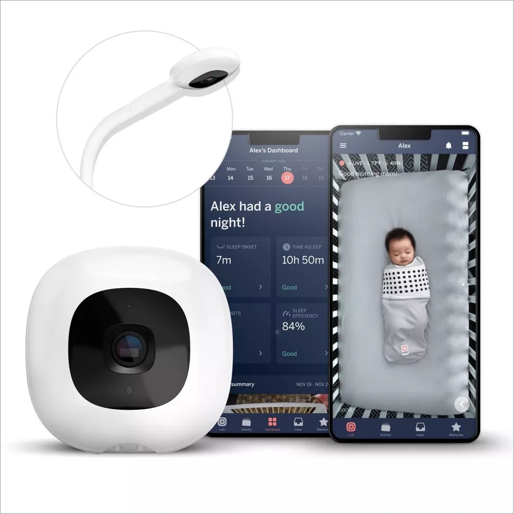 White Nanit camera, floor stand and images of what can be viewed on a smartphone